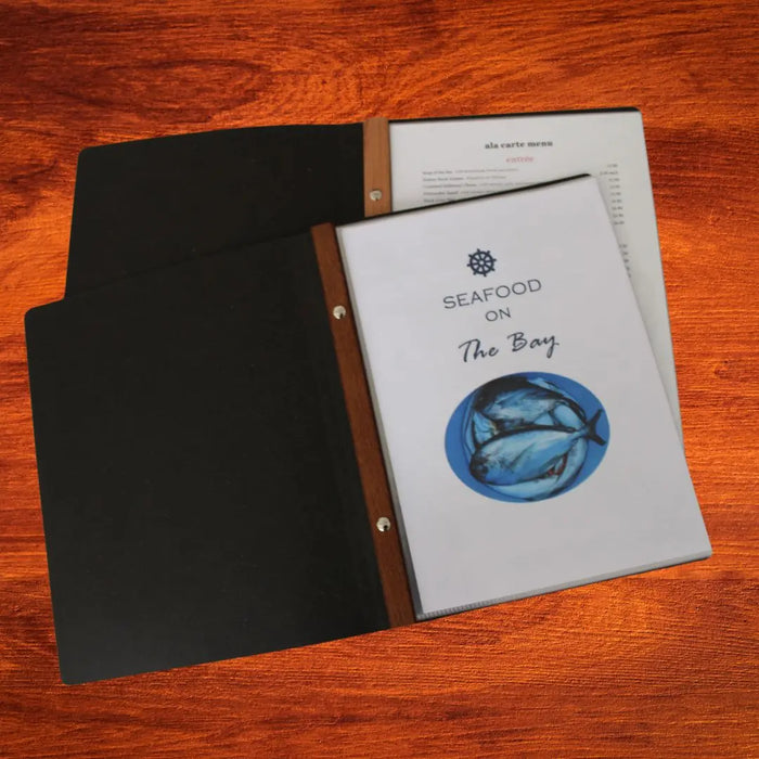 Tuscan all Leather 5 or 10 pocket Black or Tan Restaurant Menu Cover FCM Sales