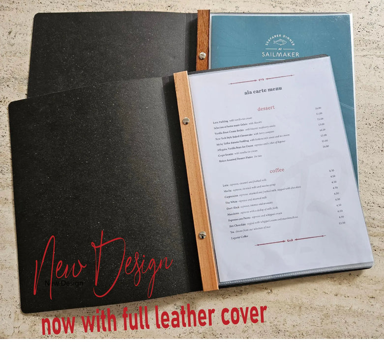 Tuscan all Leather 5 or 10 pocket Black or Tan Restaurant Menu Cover FCM Sales