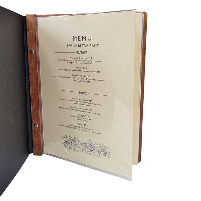 A4 or A5 Leather and Wood Menu cover with 10 pockets