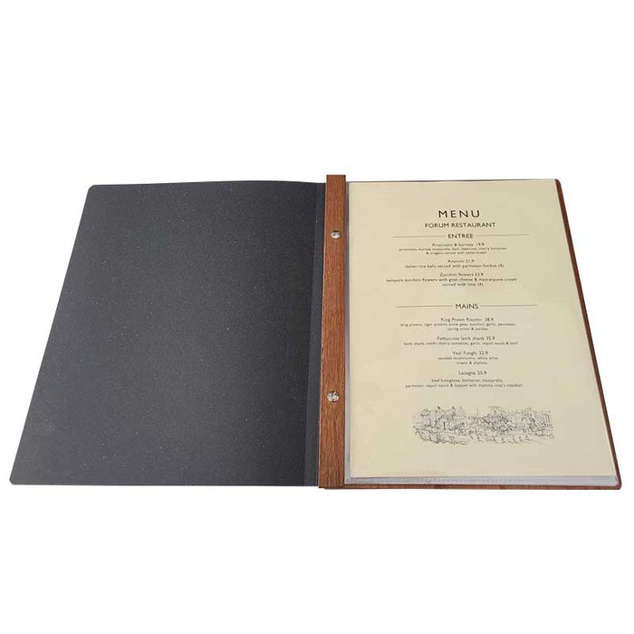 A4 or A5 Leather and Wood Menu cover with 10 pockets