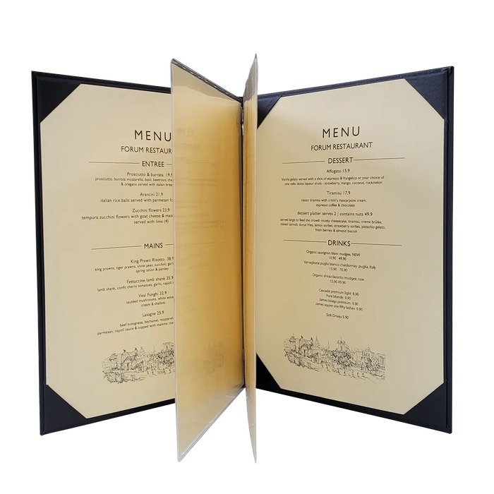 A4 Black Brasserie Menu with extra sleeve