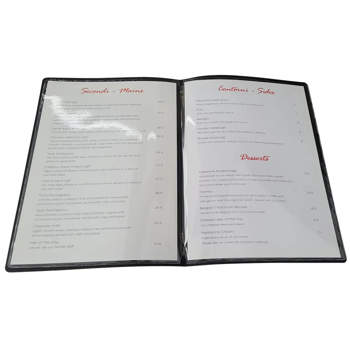 A4 Leather Menu Black or Tan with or without pockets FCM Sales