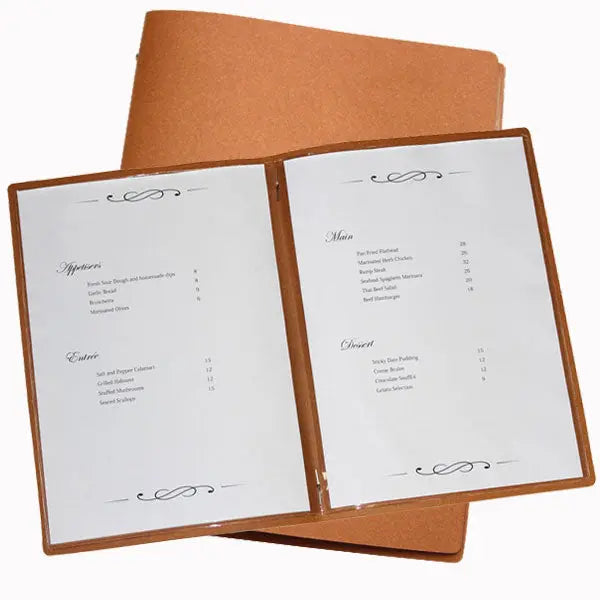 A4 Leather Menu Black or Tan with or without pockets FCM Sales
