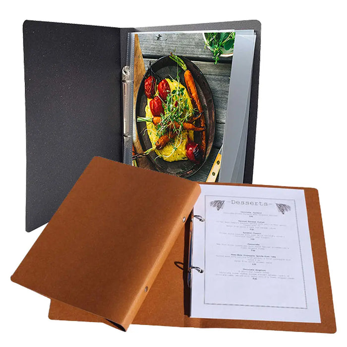 A5 Menu Binder Charcoal Black or Tan with or without pockets FCM Sales