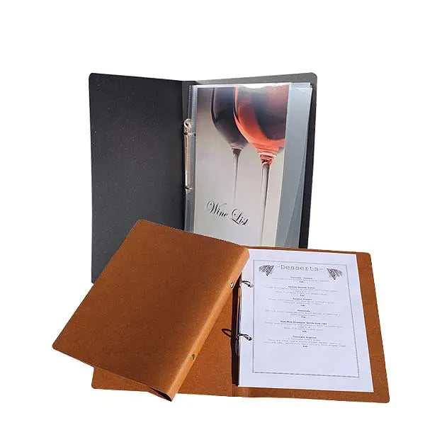 A5 Menu Binder Charcoal Black or Tan with or without pockets FCM Sales