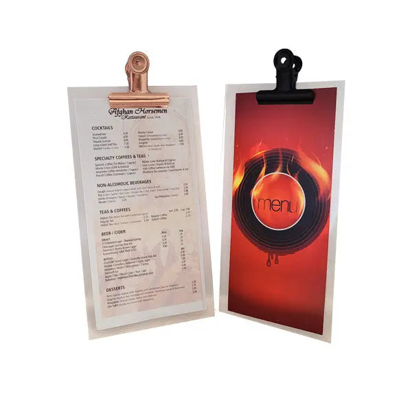 Slimline White Acrylic Clipboard Menu with black or rose gold bulldog clip