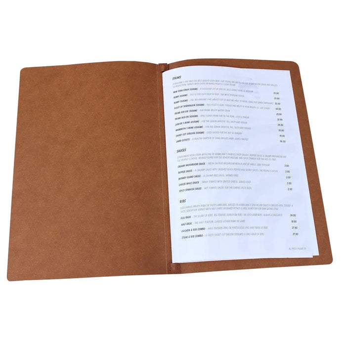 Carbon Rod A4 Leather Menu Cover in Natural Tan