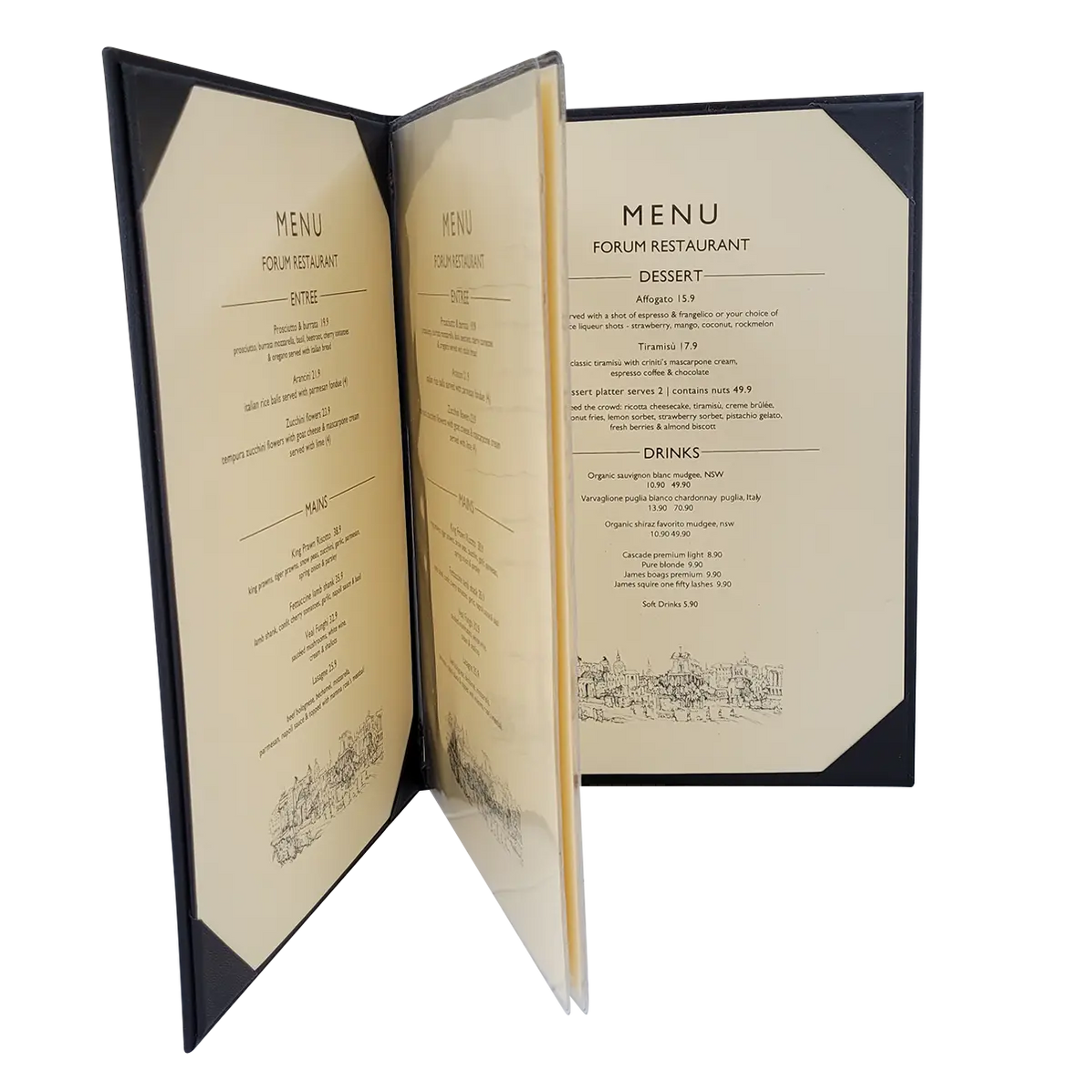 Black Brasserie Menu Covers Holds 6 or 10 Menu Pages Logo Printing
