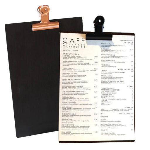 A4 Black Timber board with large Black or Rose Gold bulldog clip FCM Sales