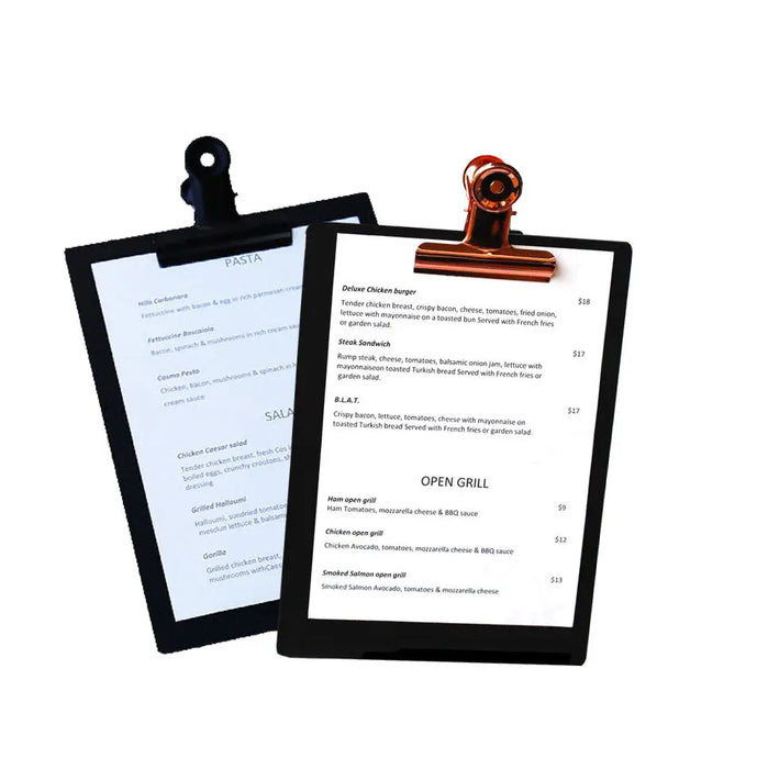 A5 Black Timber board with black or rose gold bulldog clip FCM Sales