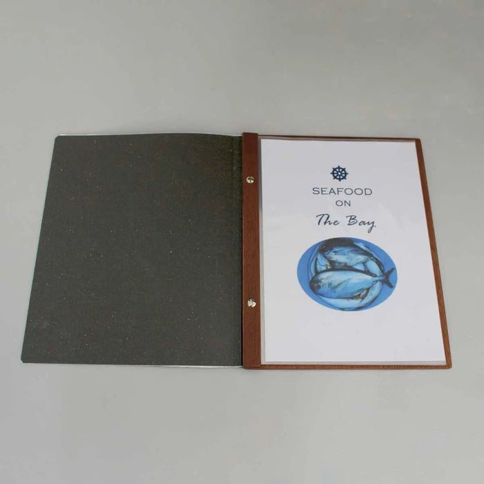 Boxed set of 20 A4 Leather and Wood Menu folders Tan FCM Sales