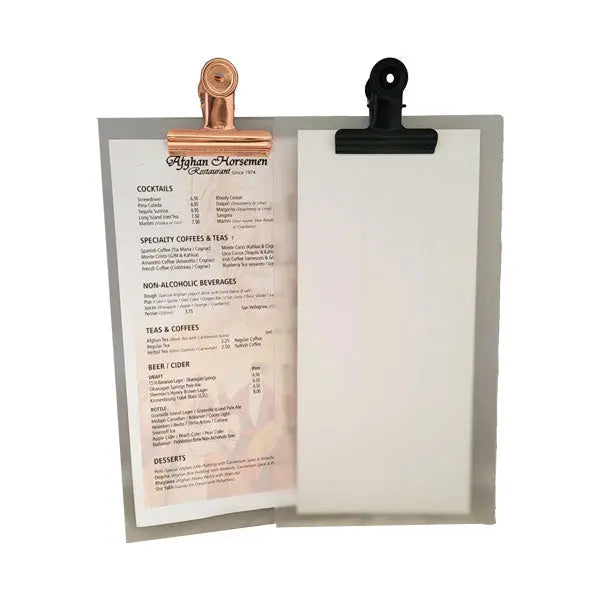 Slimline White Acrylic Clipboard Menu with black or rose gold bulldog clip